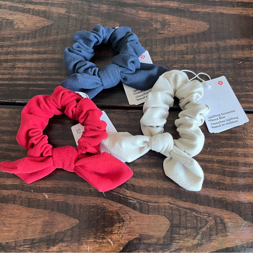 Lululemon Uplifting Fleece Bow Scrunchie Set - Red, Blue, and Cream